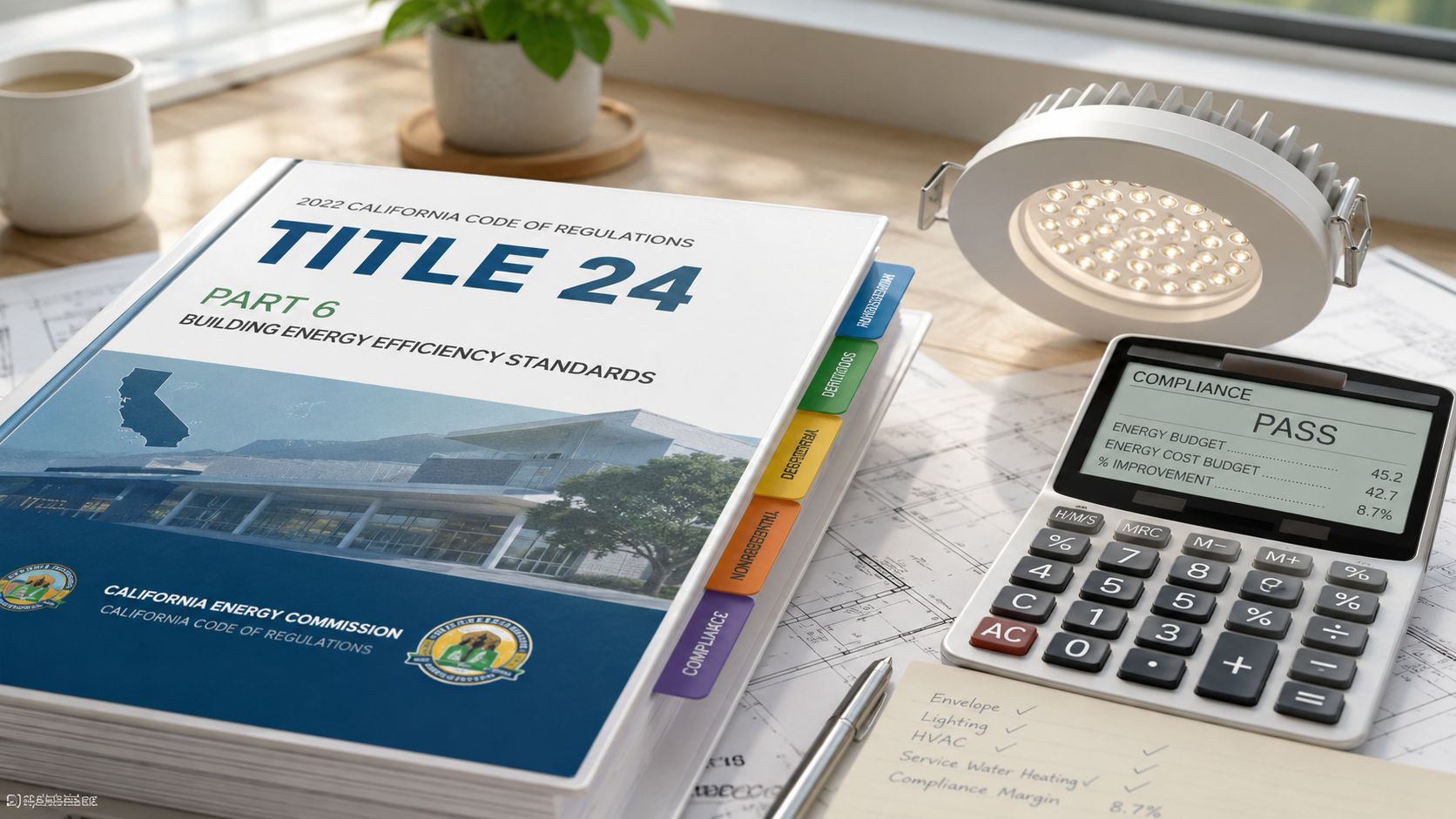A copy of Title 24 California building energy efficiency standards sits on a desk with a calculator.