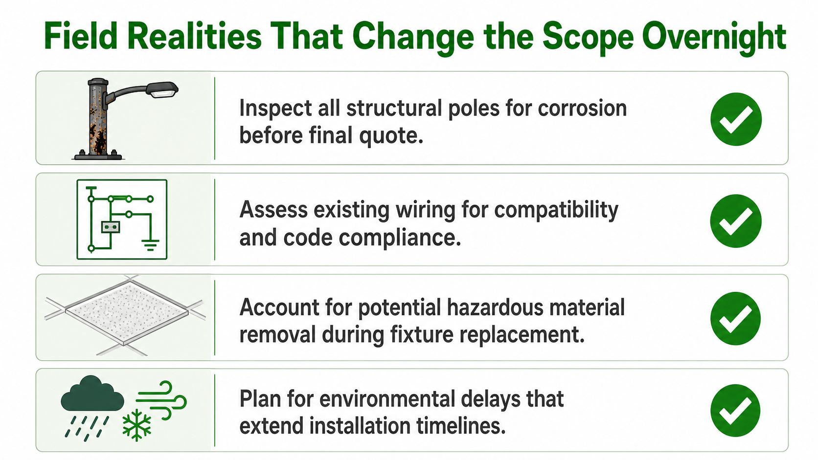 A checklist showing four field reality factors that can change project scope during lighting installations.