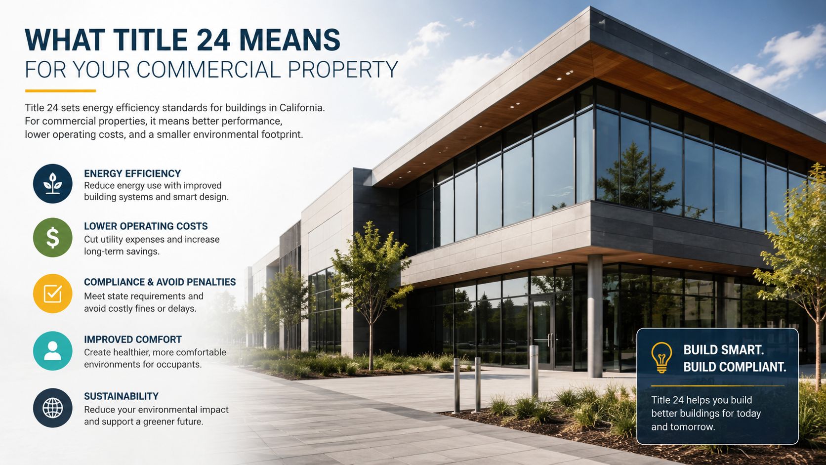 A modern commercial building exterior with text explaining Title 24 energy efficiency standards for California property owners.