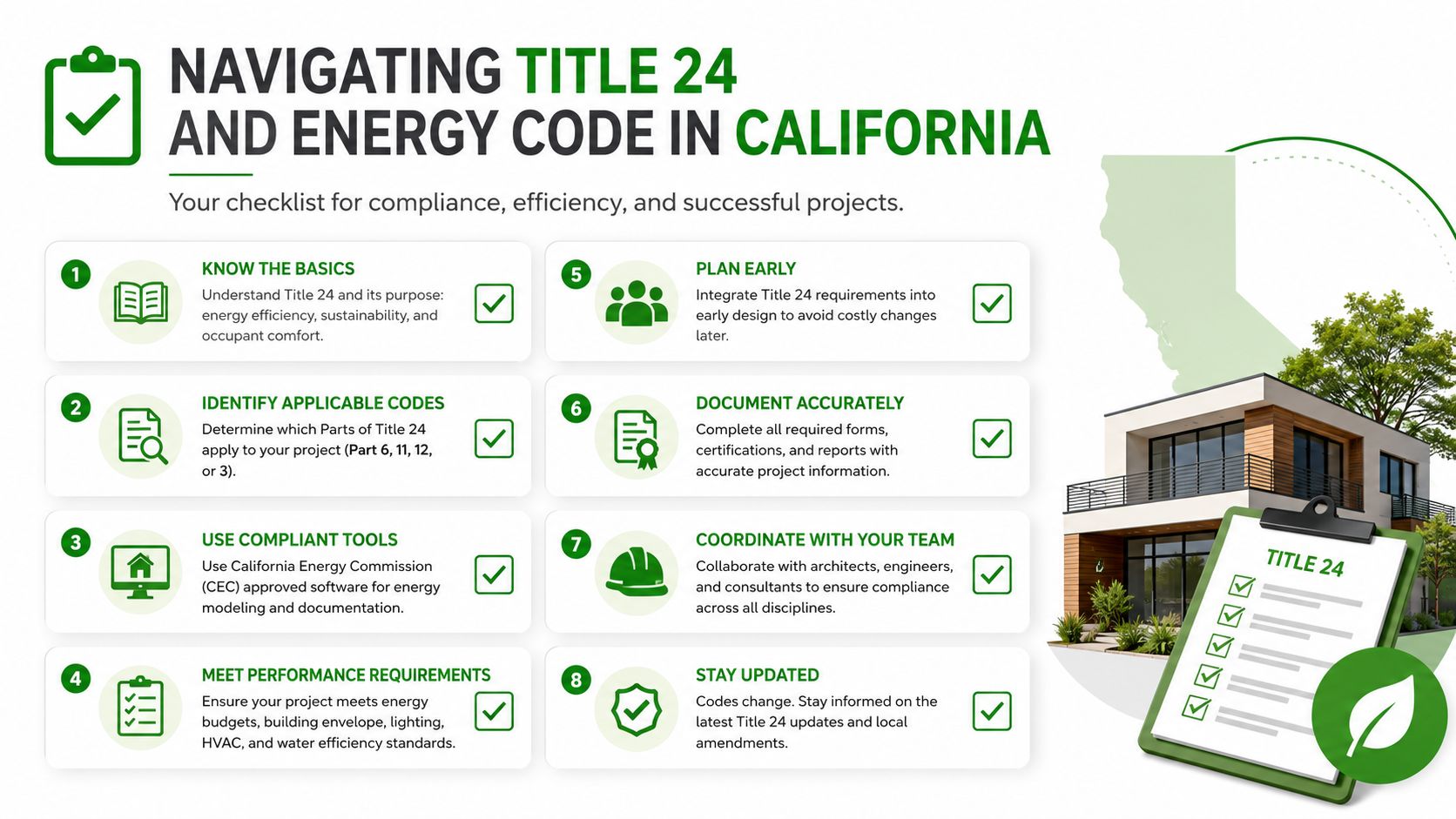 A checklist infographic illustrating eight essential steps for navigating Title 24 and California energy codes.