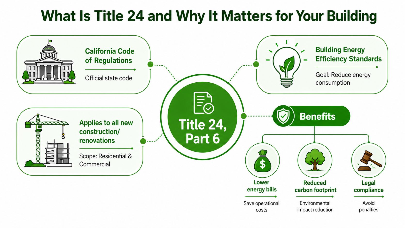 An infographic explaining Title 24 Part 6, its purpose in building efficiency, and the benefits of compliance.