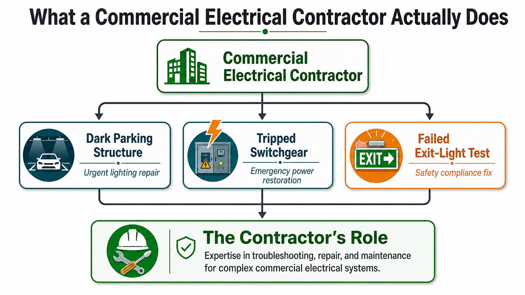 A flowchart showing services performed by a commercial electrical contractor, including parking lot repairs and safety lighting.