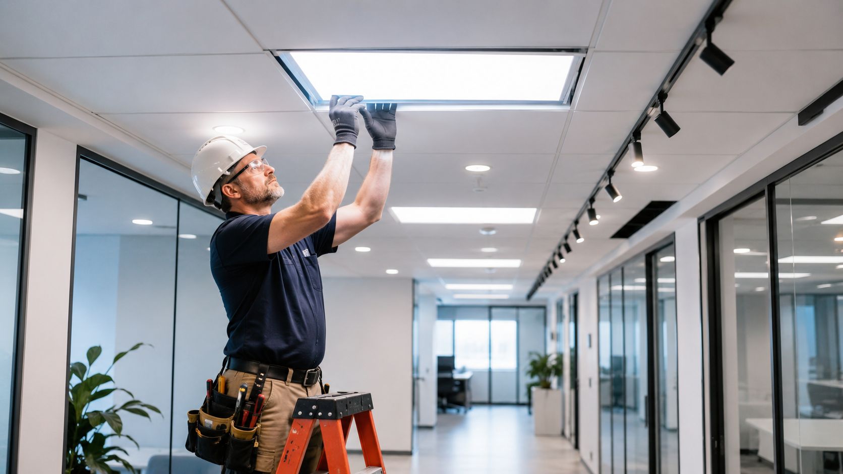 A professional electrician in a hard hat standing on a ladder installing office ceiling lights.