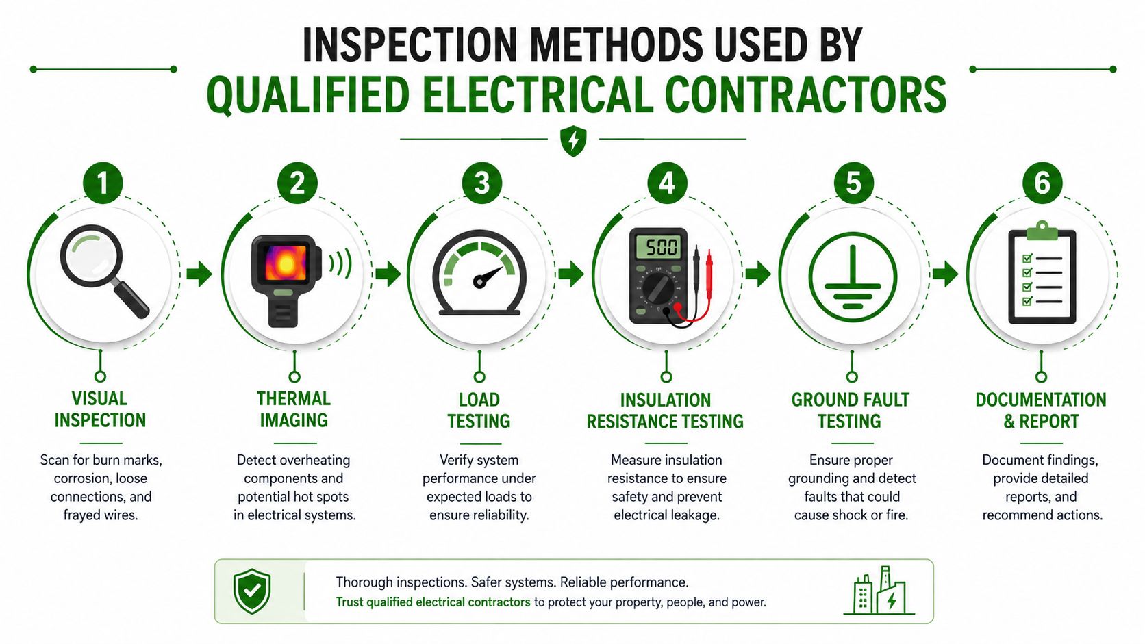 A step-by-step infographic showing six professional electrical inspection methods performed by qualified electrical contractors.