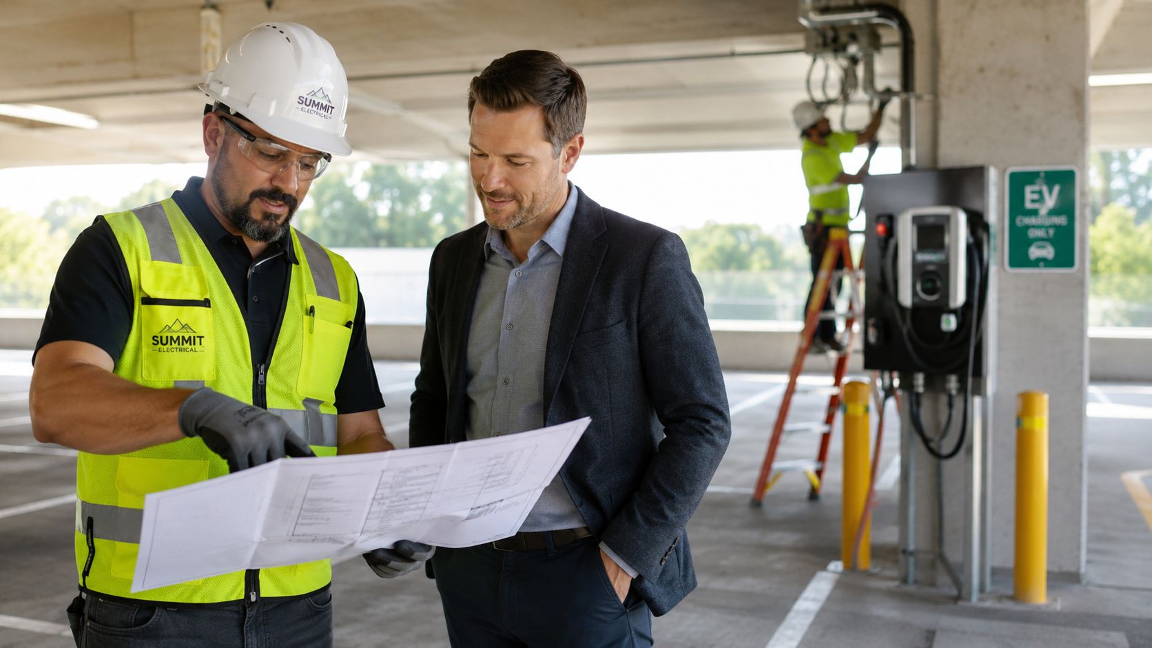 An electrical contractor and a client discussing installation plans for a commercial EV charging station project.