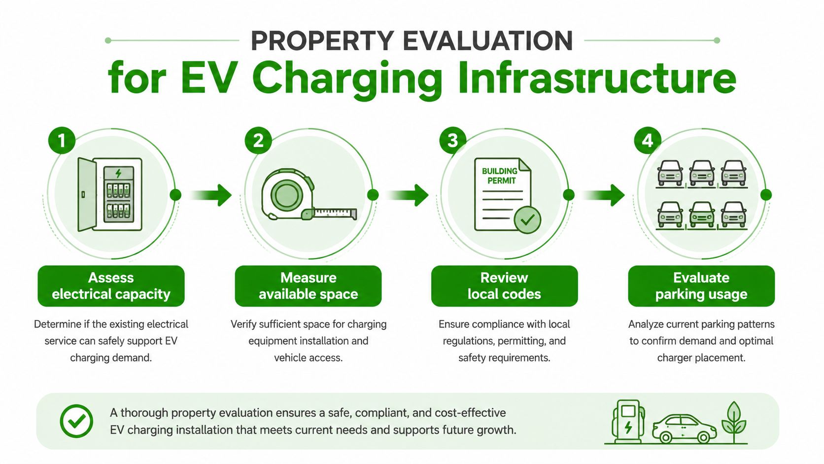 A four-step infographic illustrating the property evaluation process for commercial electric vehicle charging station installation projects.