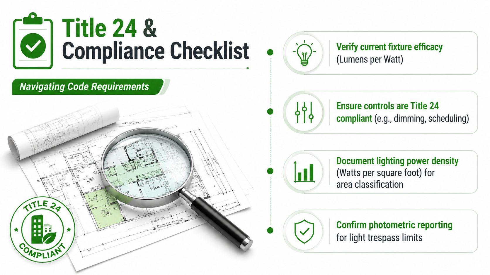 A professional infographic outlining a Title 24 compliance checklist for lighting projects on architectural blueprints.