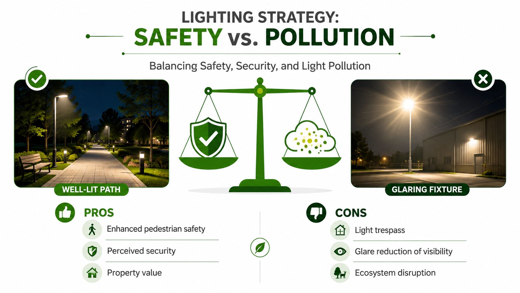 An infographic comparing well-lit paths for safety versus glare-heavy lighting that causes light pollution.