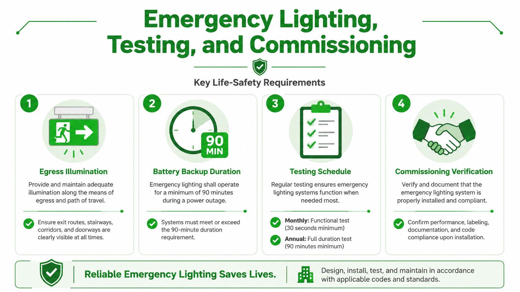 An infographic detailing essential emergency lighting safety requirements including egress illumination, battery duration, testing schedules, and commission verification.
