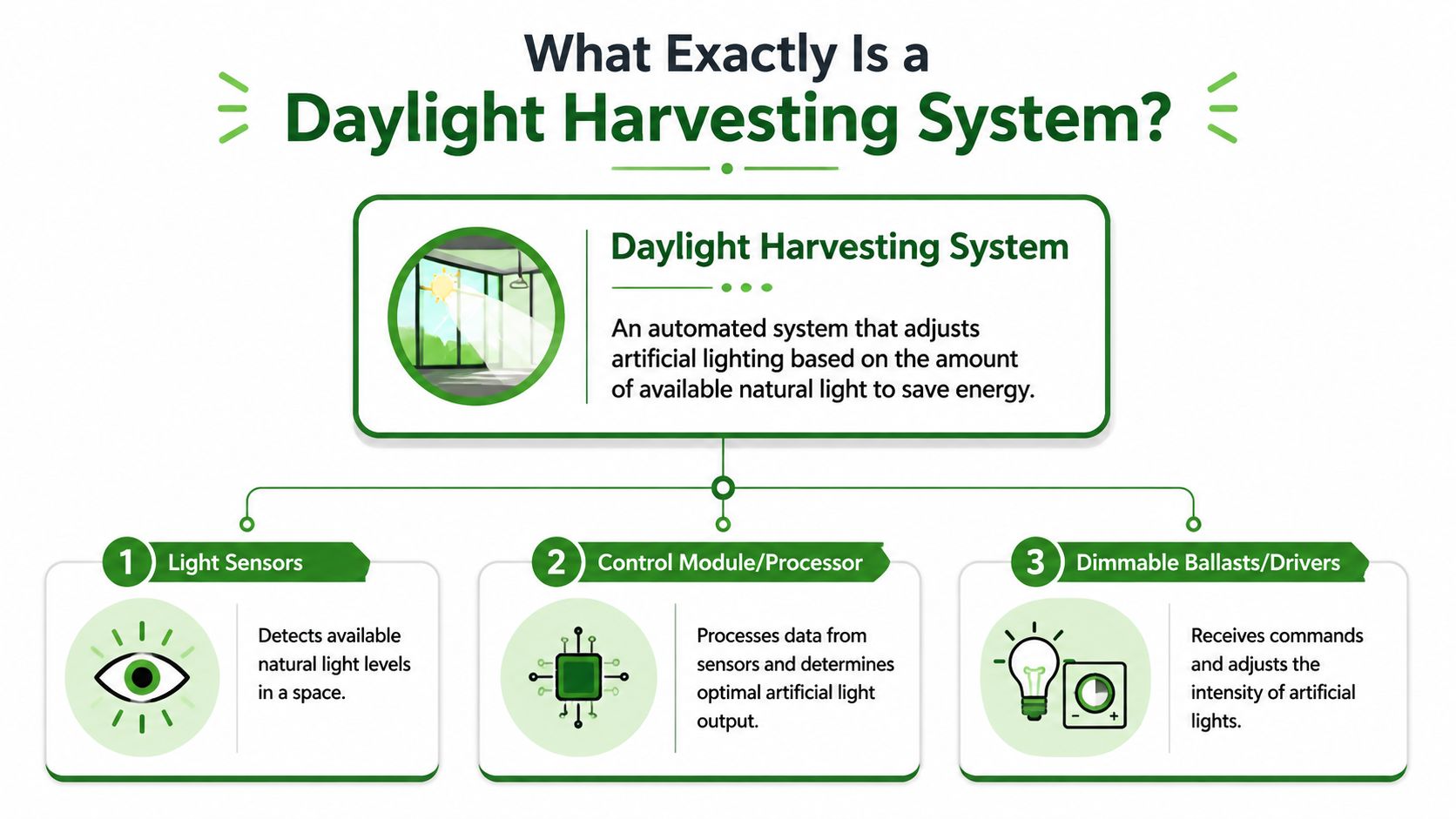 A diagram explaining the three key components of an automated daylight harvesting system for saving energy.