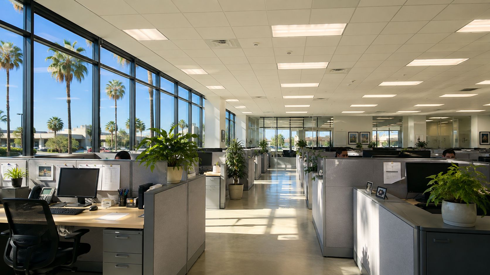 A modern, open-plan office space featuring organized cubicles, indoor plants, and large windows with bright sunlight.