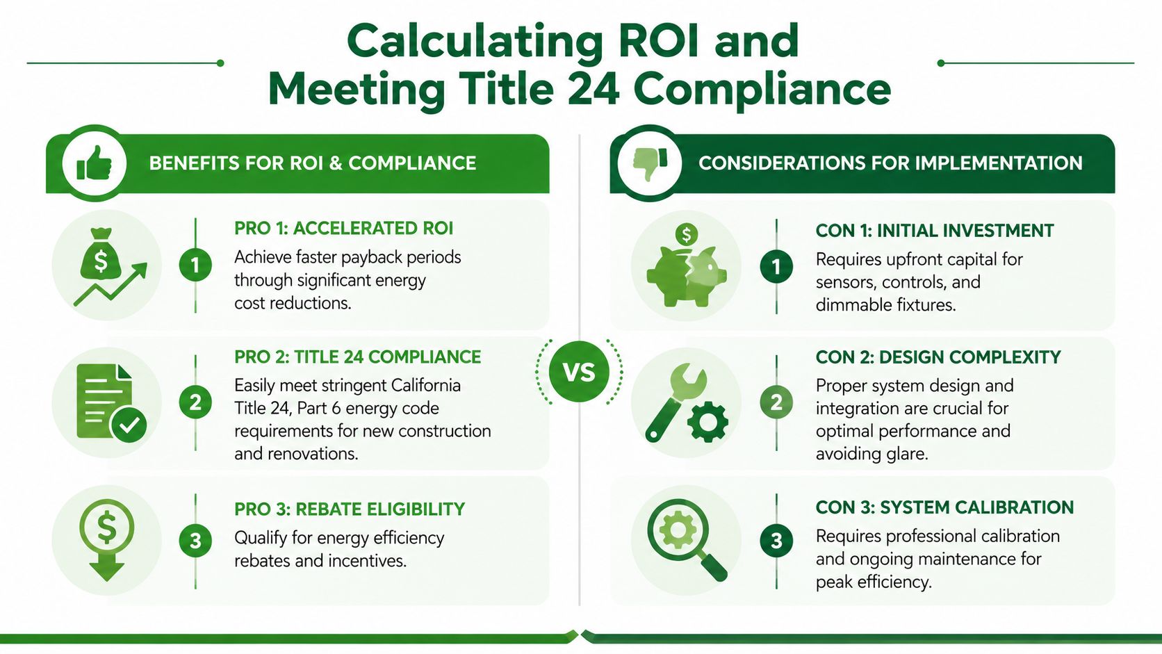A comparison infographic showing the benefits and implementation considerations of daylight harvesting systems for energy compliance.