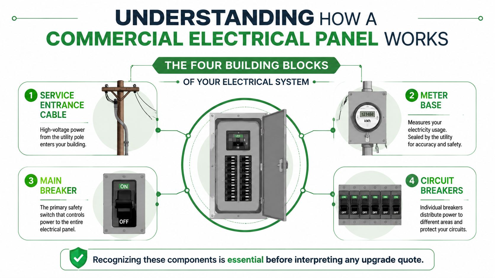 An infographic showing the four essential building blocks of a commercial electrical panel system for business owners.