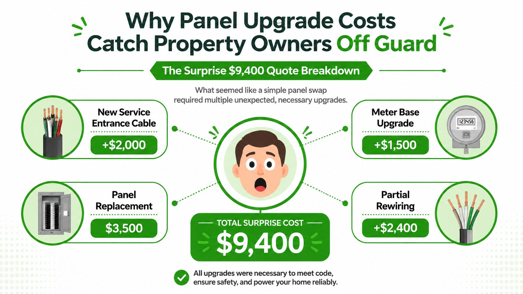 A detailed infographic explaining the unexpected costs associated with an electrical panel upgrade for homeowners.
