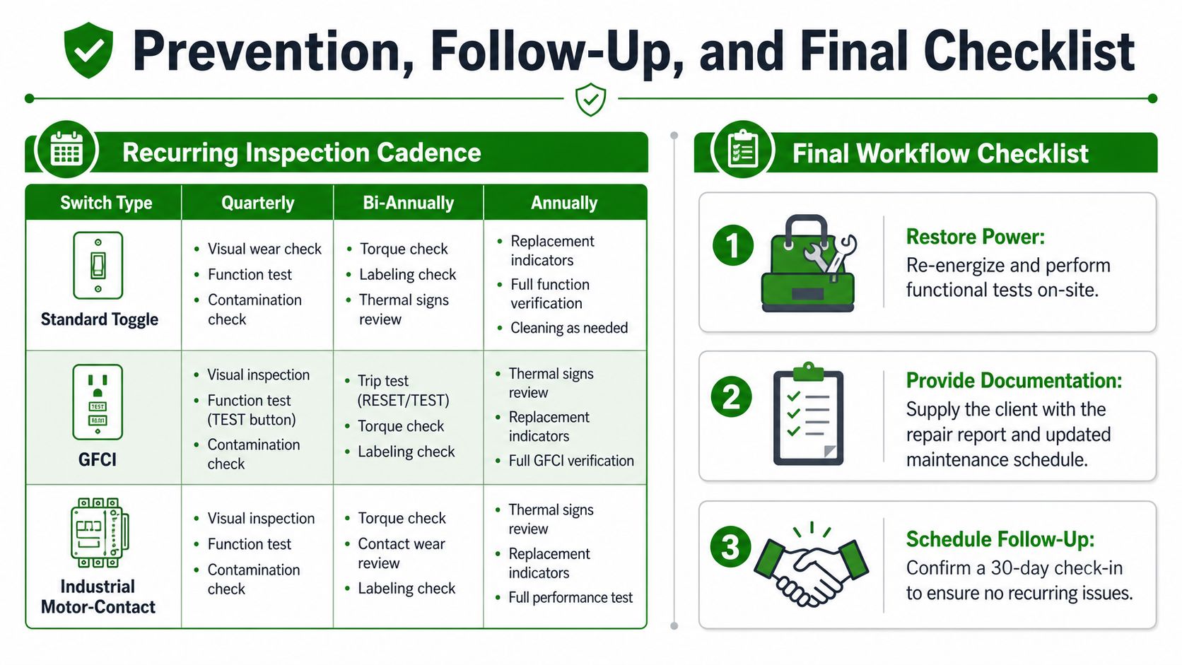A comprehensive maintenance infographic showing recurring inspection cadences for electrical switches and a final three-step repair checklist.