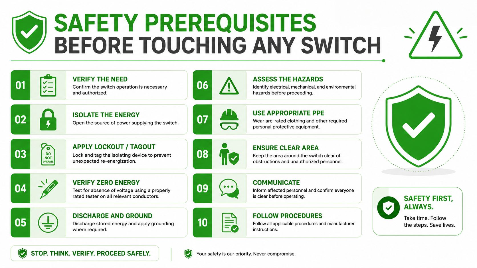 A safety infographic titled Safety Prerequisites Before Touching Any Switch, listing ten essential steps for electrical work.