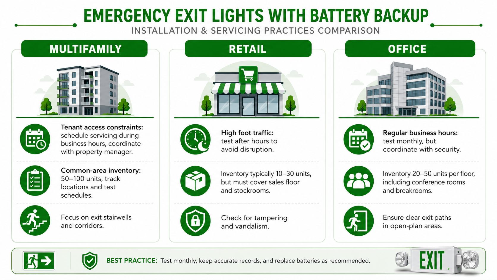 An infographic comparing installation and servicing practices for emergency exit lights with battery backup across different property types.