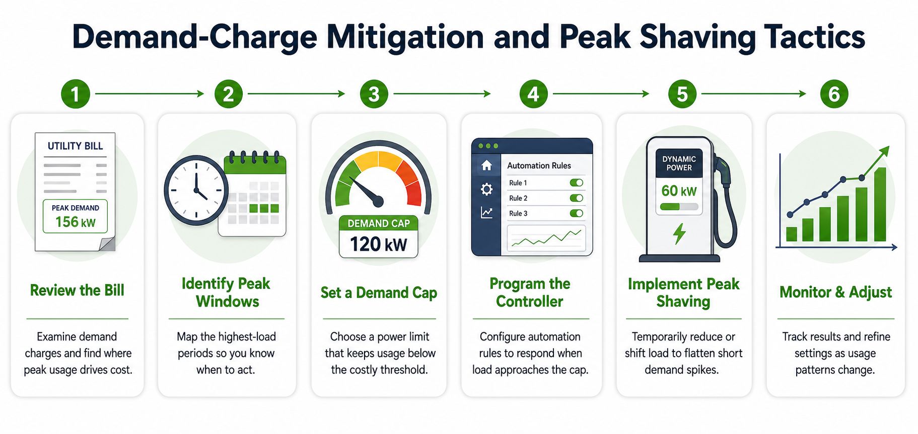 A six-step infographic demonstrating the process of demand-charge mitigation and peak shaving tactics for energy efficiency.