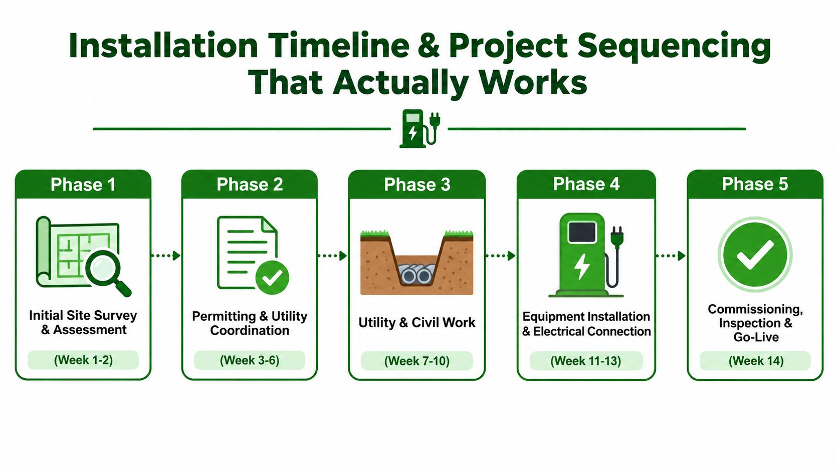 A five-phase infographic showing the timeline and project sequencing for installing commercial electric vehicle charging stations.