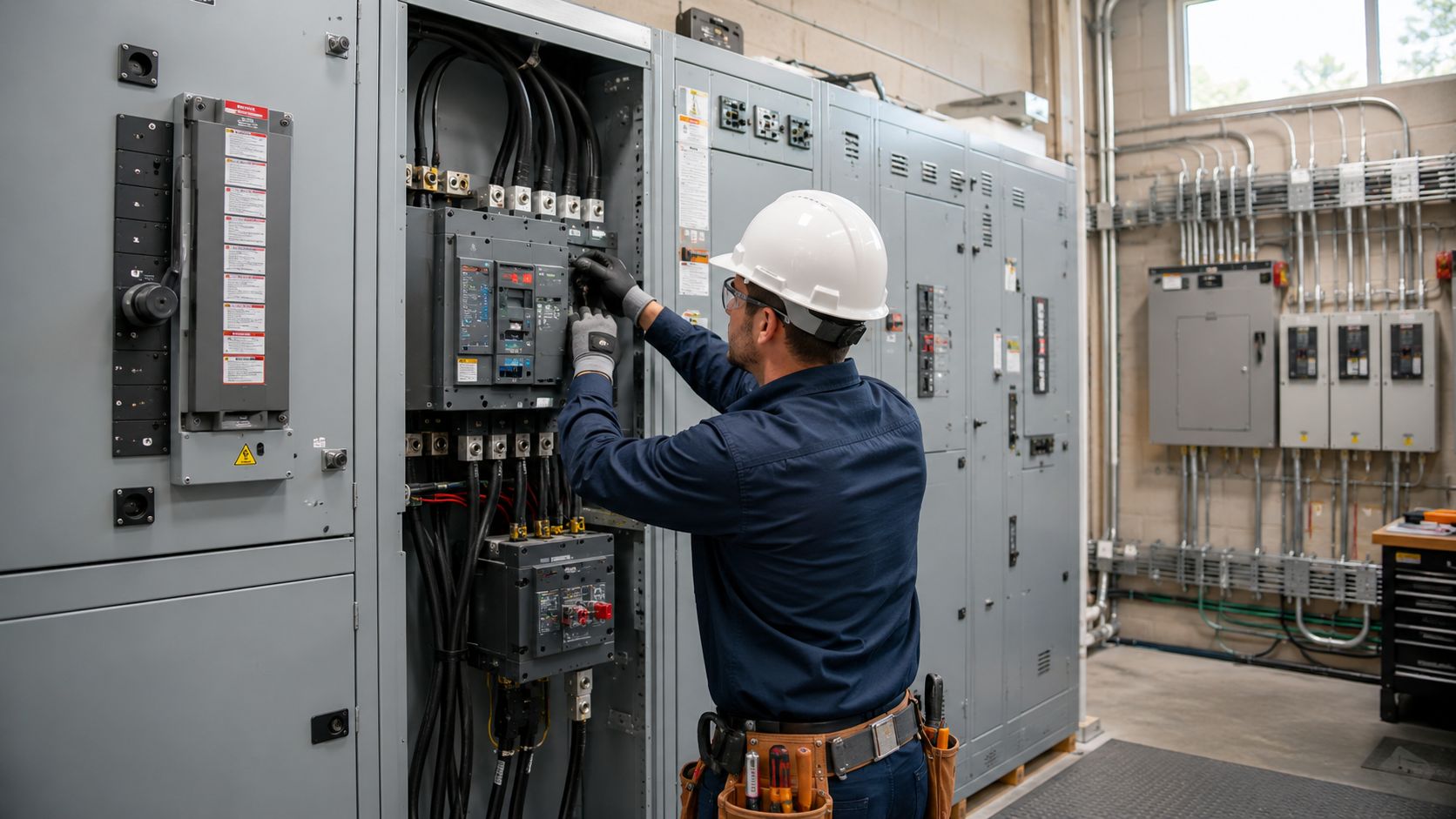 A professional electrician in safety gear working on electrical panels in an industrial facility.