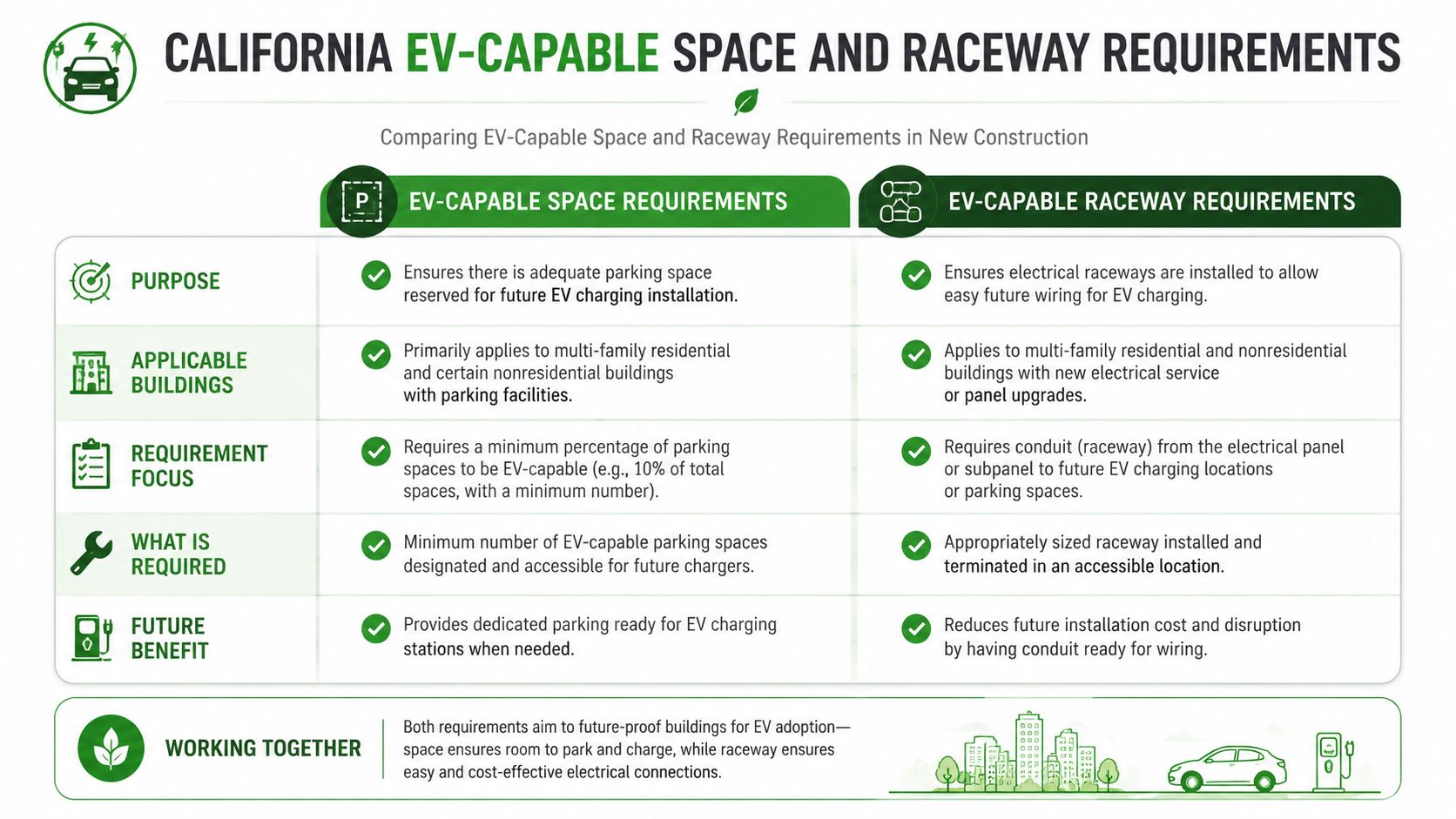A comparison chart outlining California requirements for EV-capable parking spaces and electrical raceways in new construction projects.