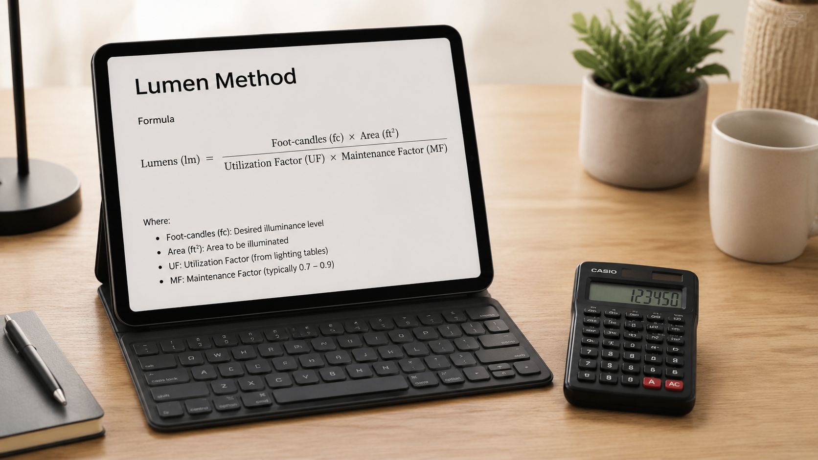 A digital tablet displaying the Lumen Method lighting calculation formula next to a calculator on a desk.