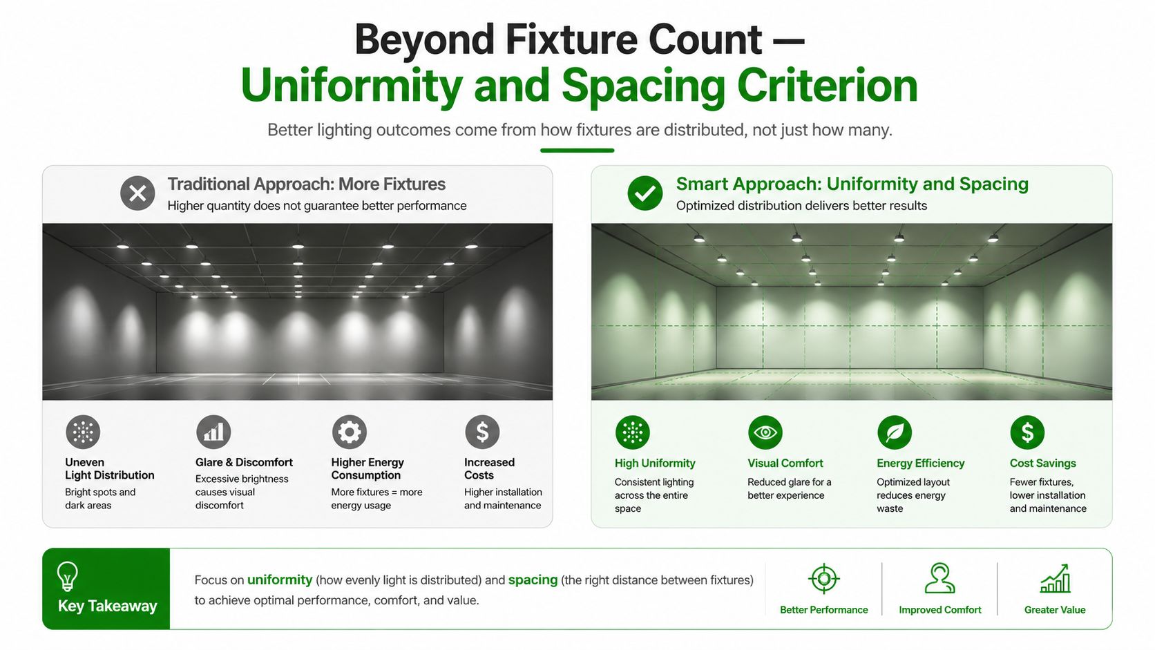 A comparison infographic showing how uniform fixture spacing improves lighting quality, energy efficiency, and comfort compared to just using more fixtures.