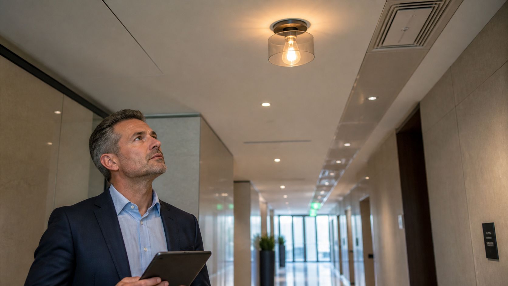 A professional man holding a tablet while looking up at a flickering light in a corridor.