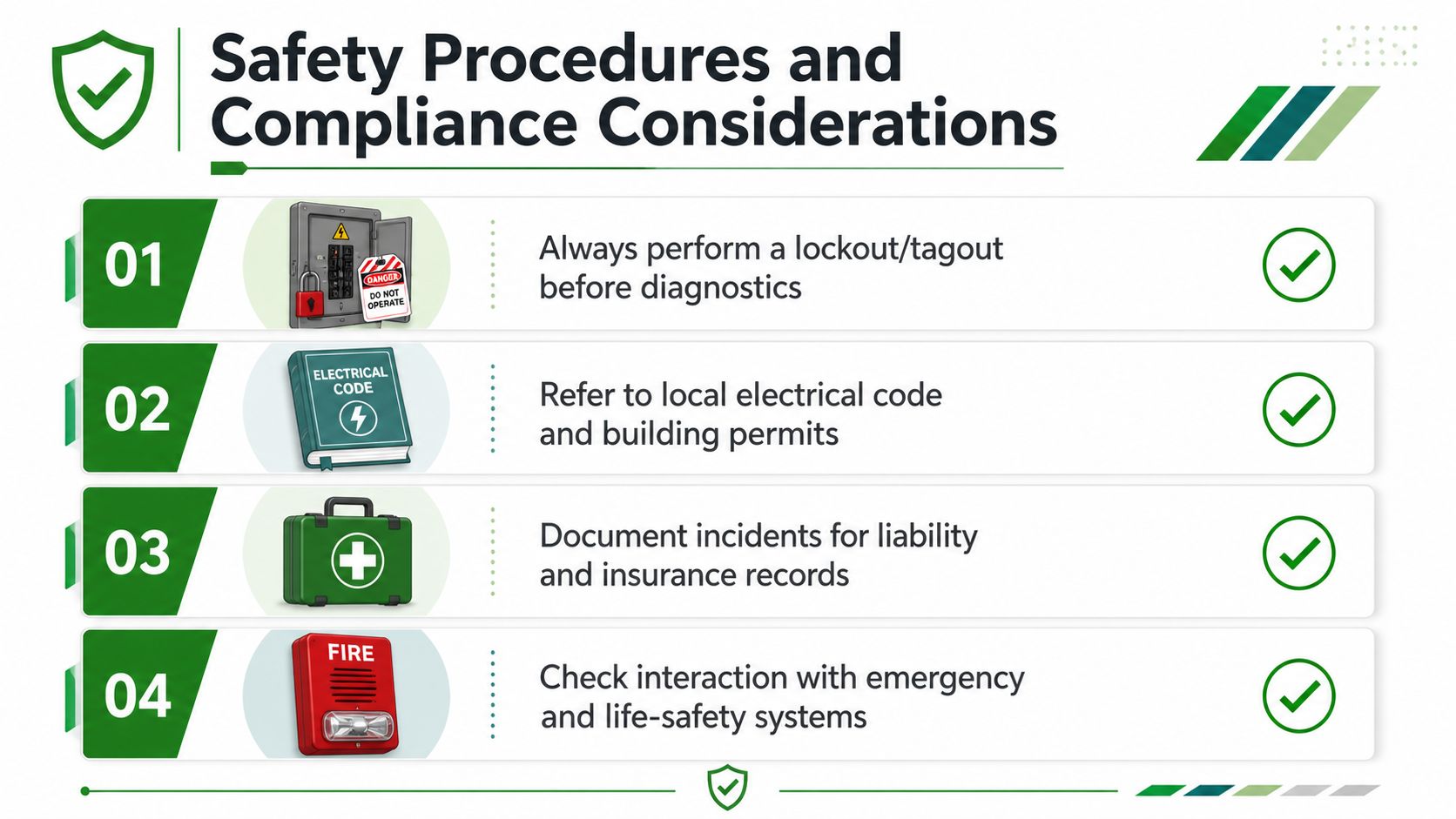 A safety checklist infographic listing four essential electrical work procedures for compliance and personal protection.