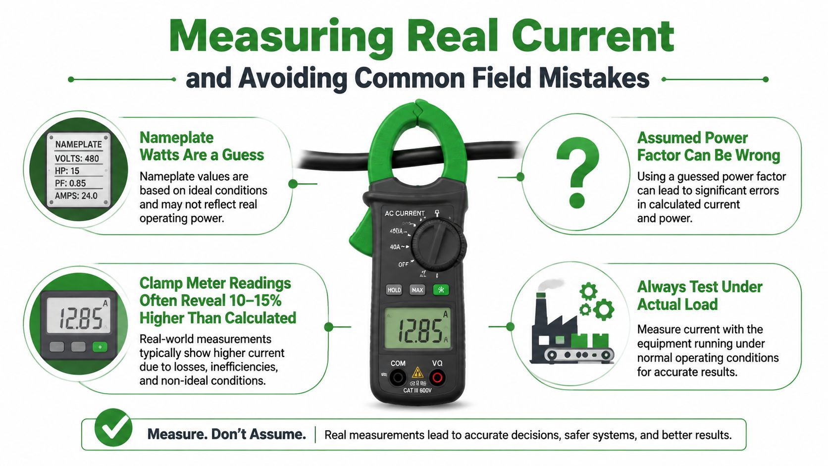 An educational graphic explaining how to measure real electrical current using a digital clamp meter device.