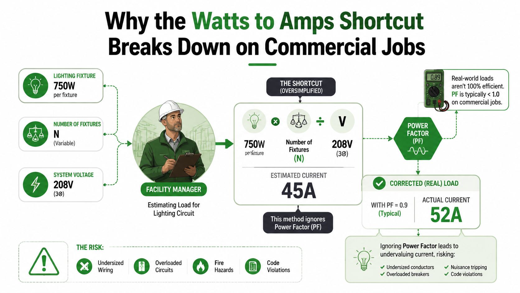 An infographic illustrating how the Watts to Amps shortcut fails to account for Power Factor in commercial electrical installations.