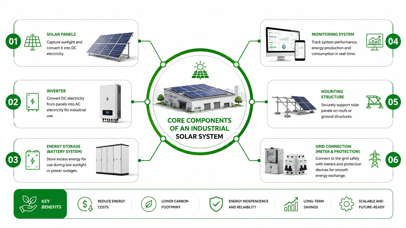 An infographic detailing the six core components of an industrial solar energy system for businesses.