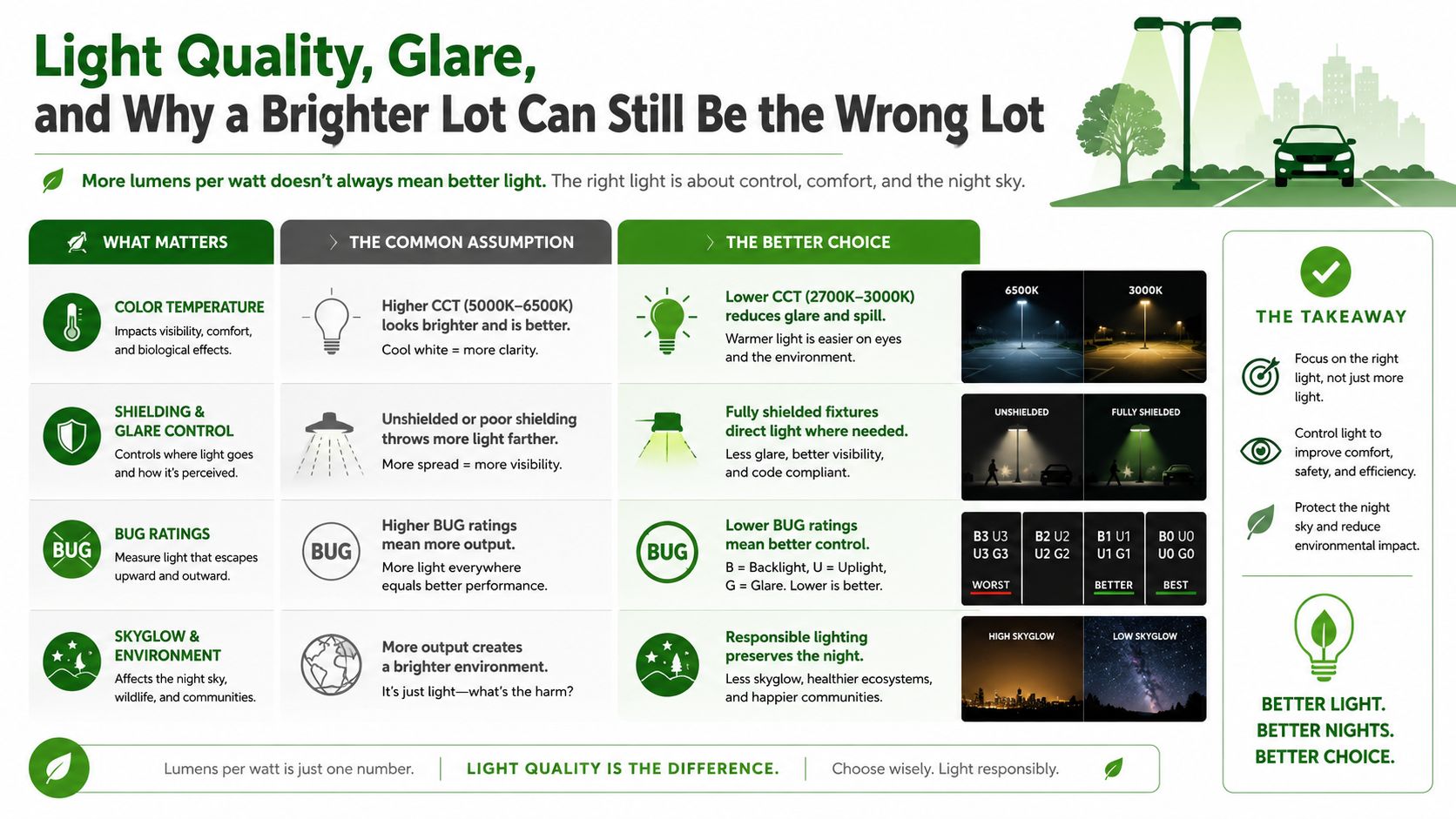 An infographic illustrating how lighting quality, shielding, and color temperature affect parking lot visibility and night sky preservation.