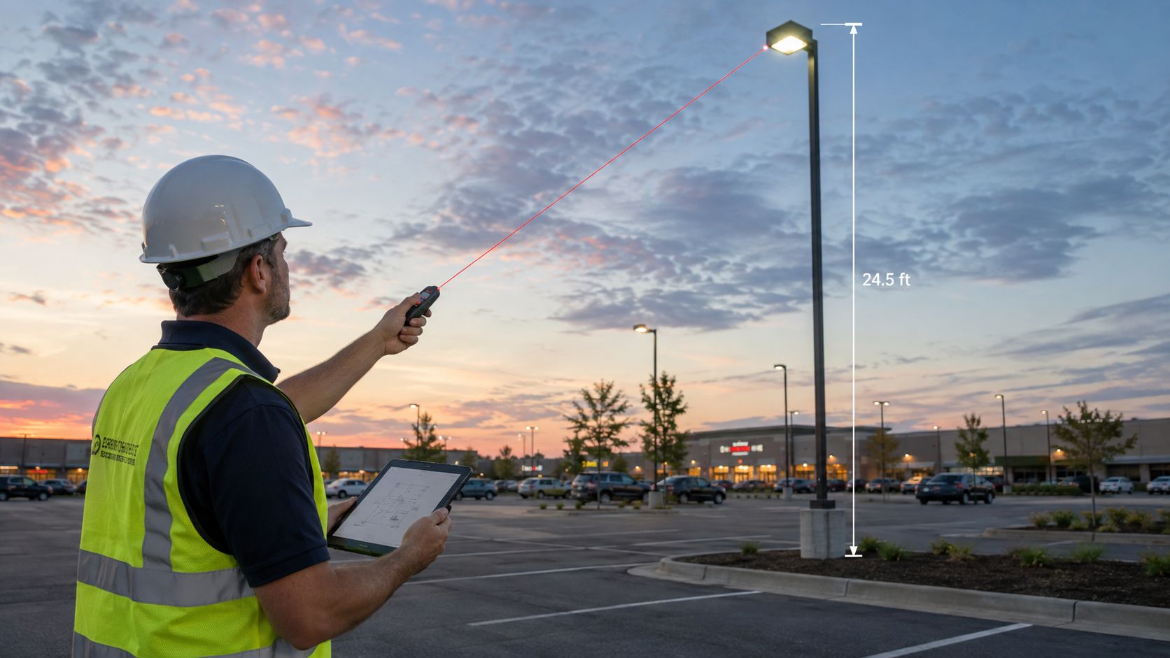 A technician wearing a safety vest and hard hat uses a laser measuring device for parking lot lighting.