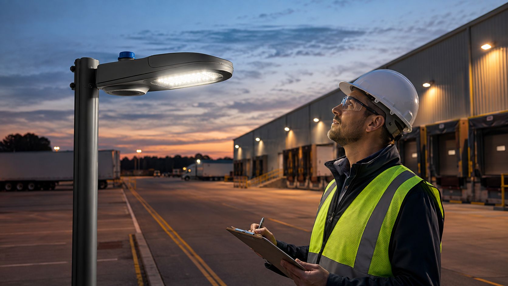 A professional construction engineer inspecting bright LED roadway lights at a warehouse loading dock during sunset.
