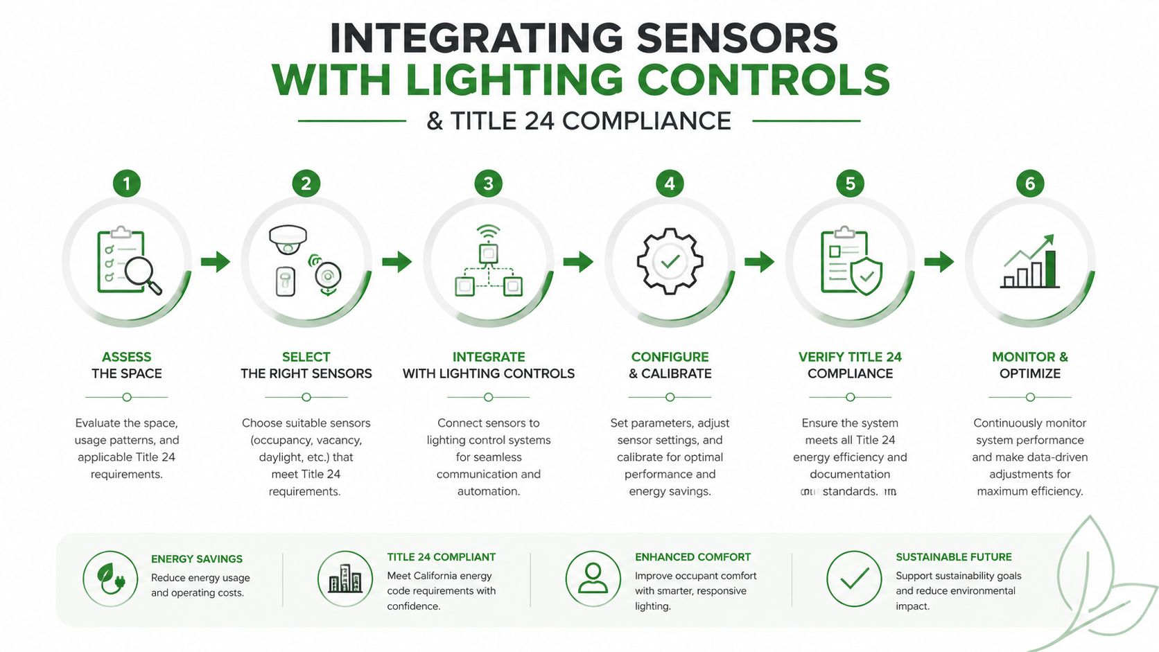 A six-step infographic illustrating the process of integrating lighting control sensors for Title 24 compliance and energy efficiency.