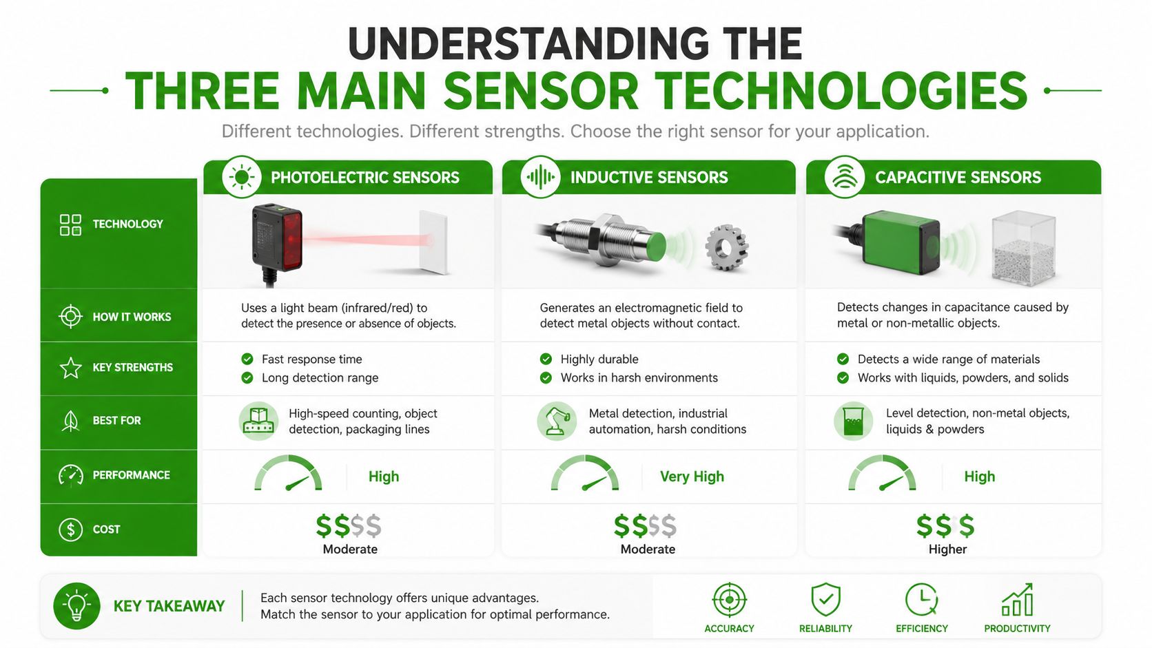 A comparison chart outlining the key differences, strengths, and applications of photoelectric, inductive, and capacitive industrial sensors.