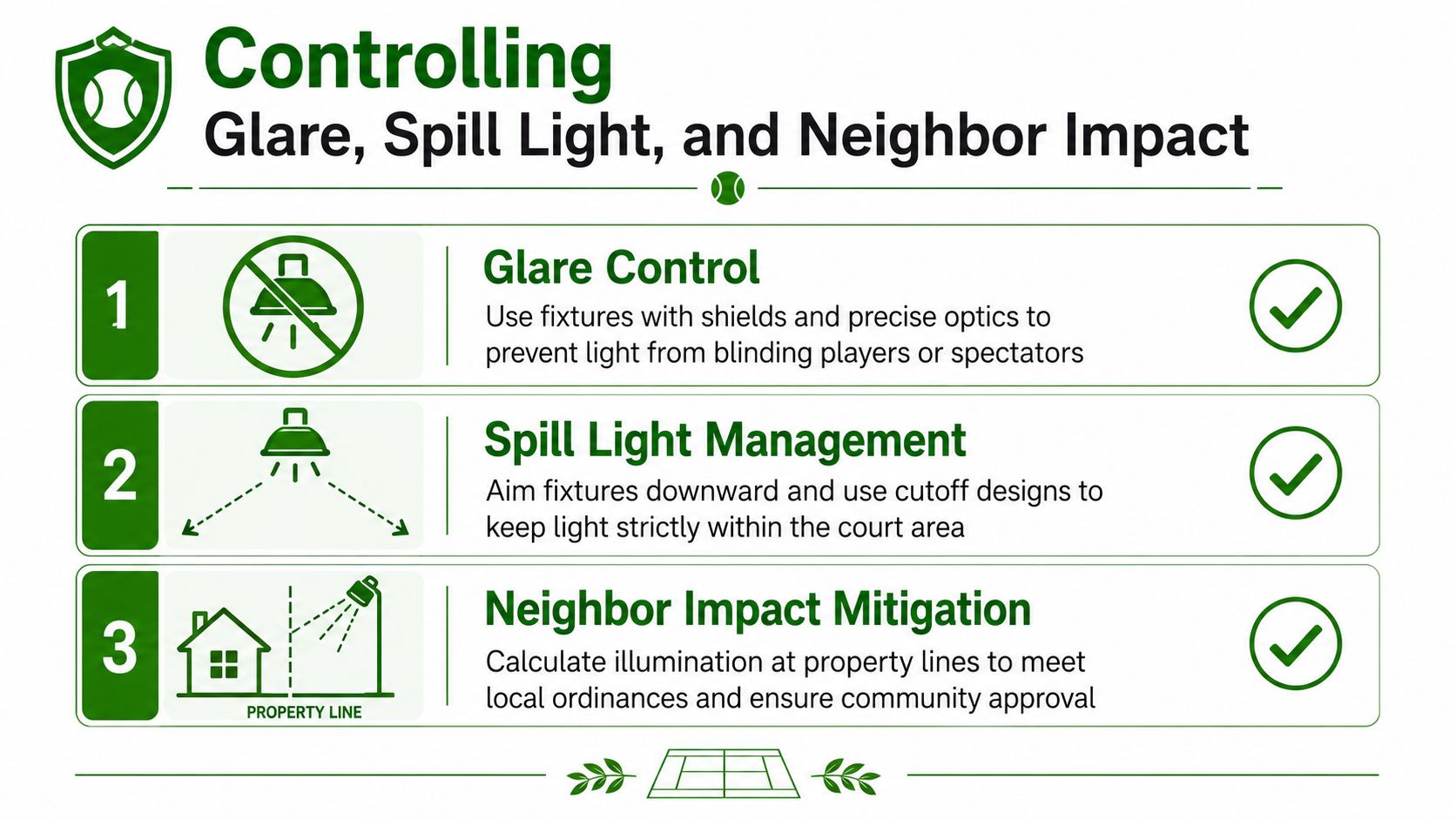 An infographic detailing three strategies for controlling glare, spill light, and neighbor impact on tennis courts.