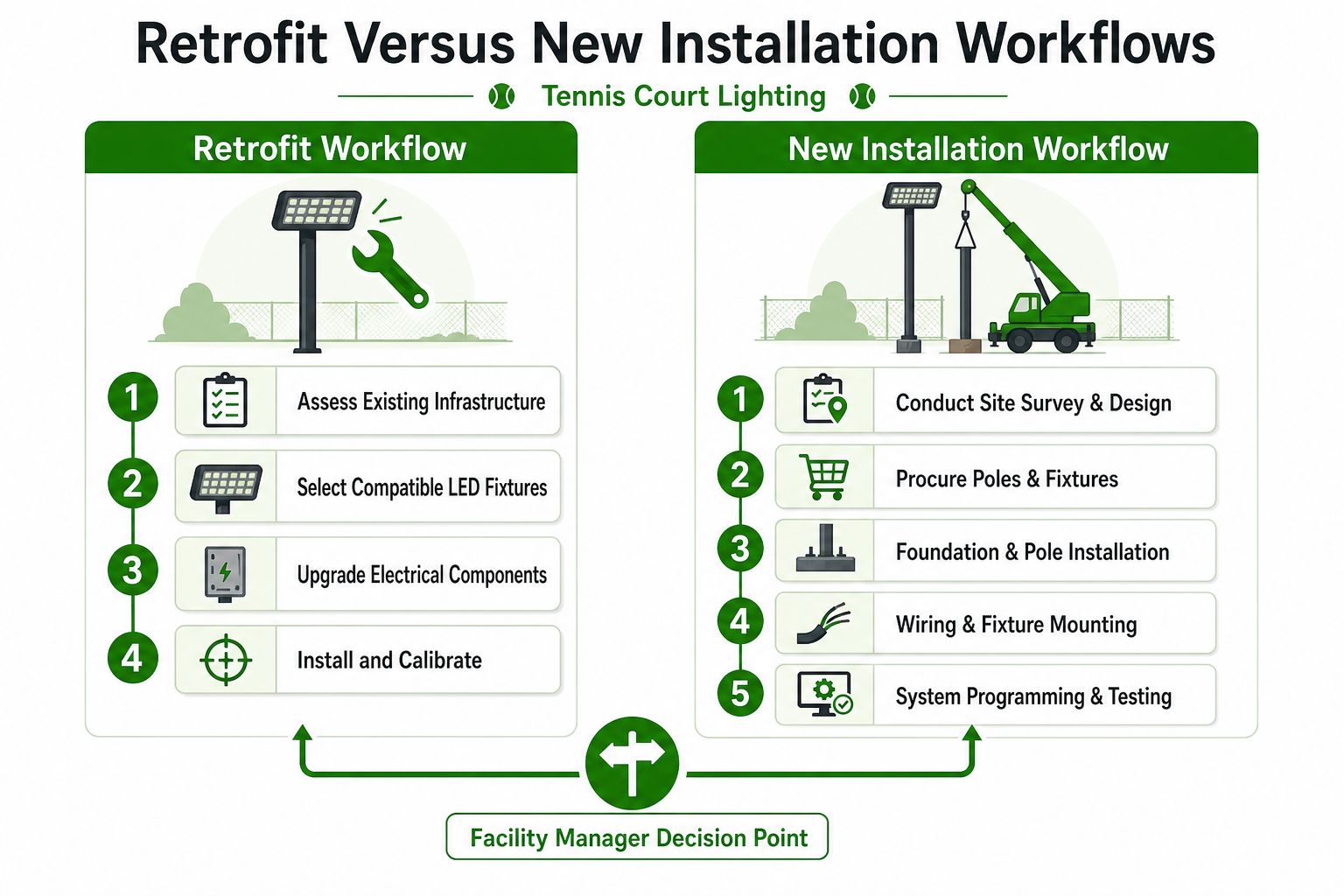 An infographic comparing the step-by-step workflows for retrofitting versus installing new tennis court lighting systems.