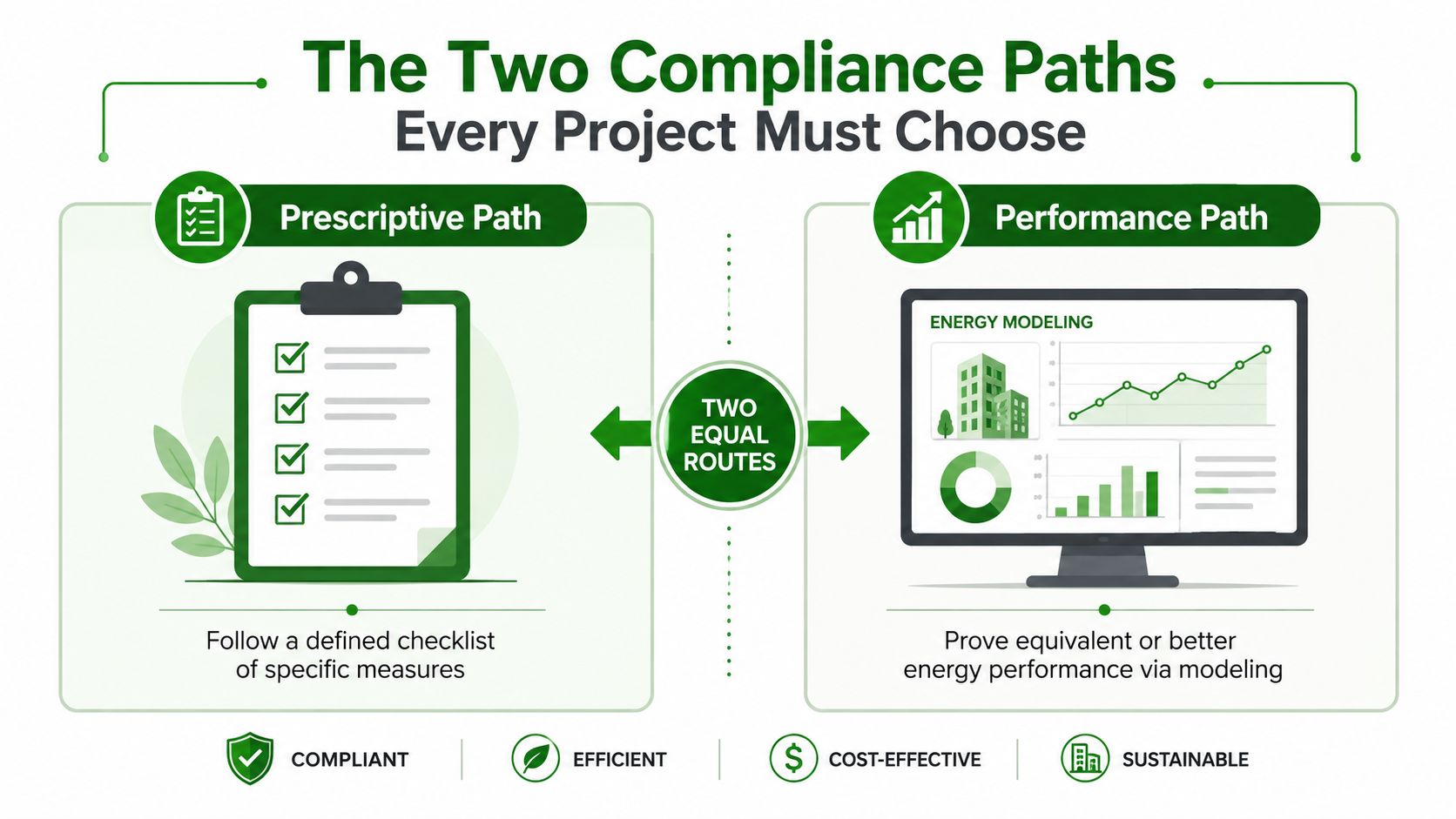 An infographic showing the two compliance paths, Prescriptive and Performance, for energy building project requirements.