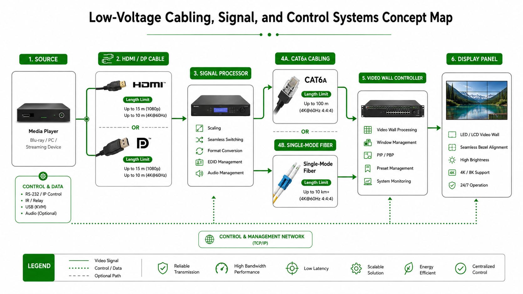 A diagram illustrating a low-voltage cabling, signal, and control system architecture for professional video wall installations.