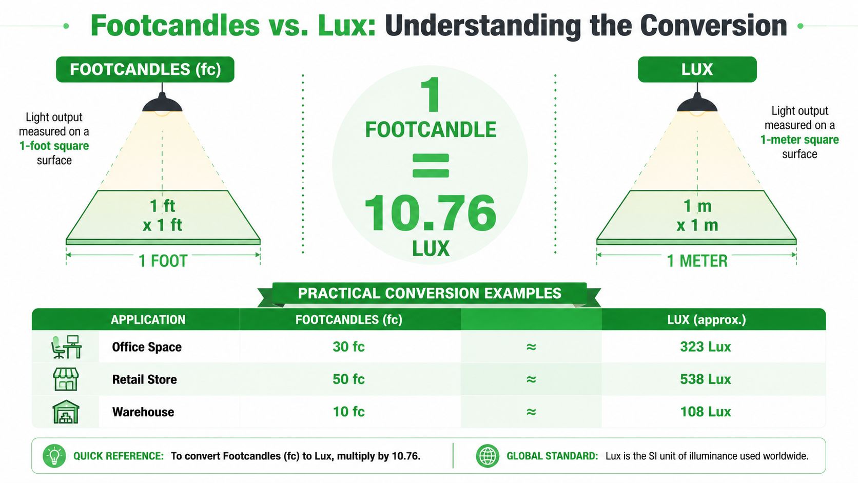 An infographic showing the mathematical conversion factor between footcandles and lux units for lighting measurements.