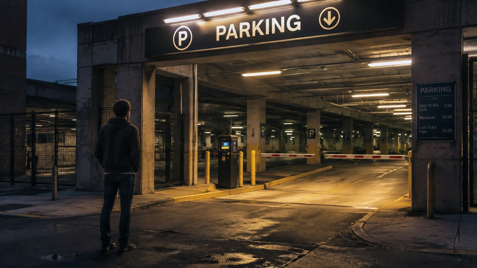 A man standing before an illuminated parking garage entrance at dusk under dim artificial lighting.