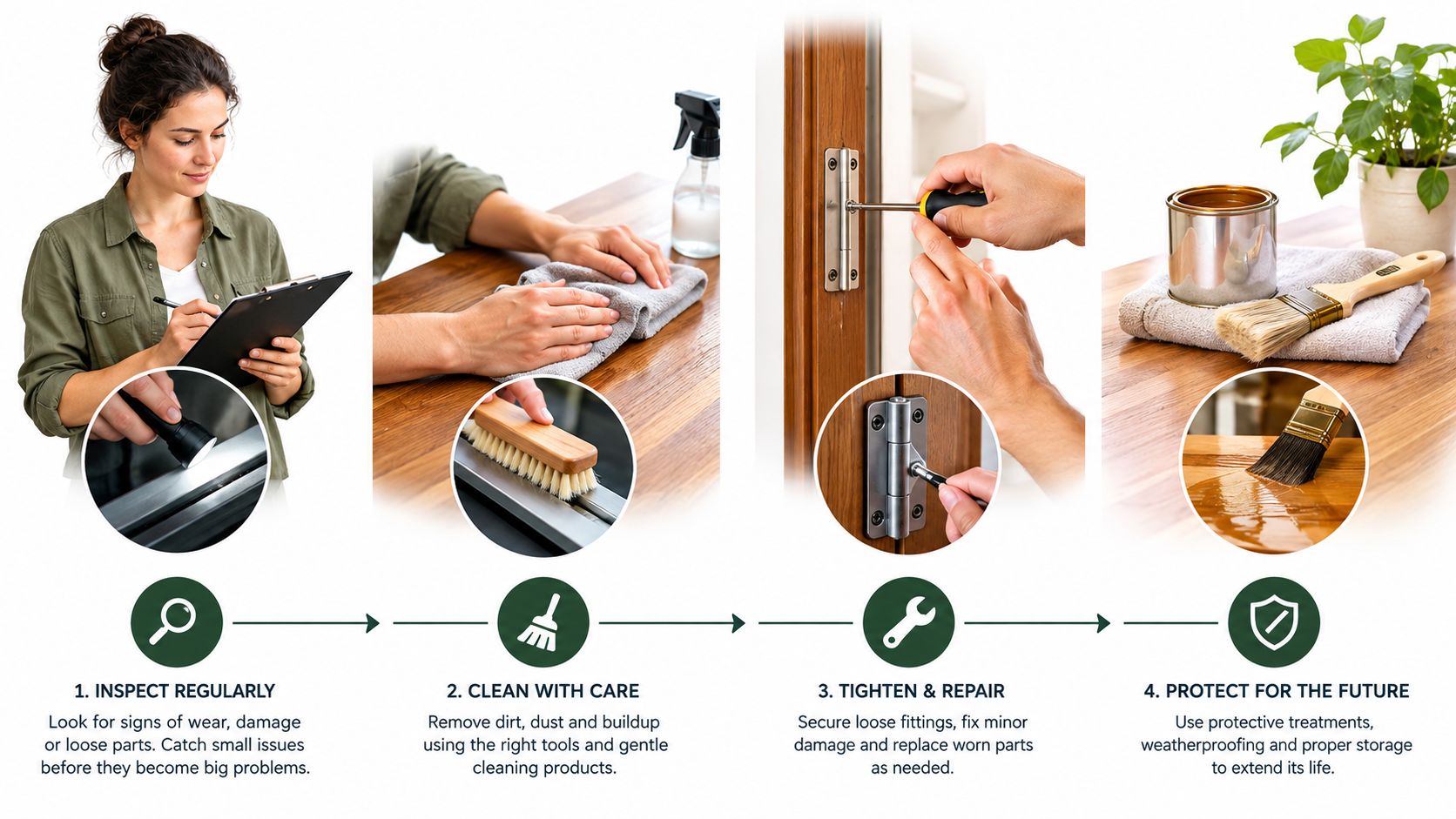 A four-step infographic guide demonstrating proper maintenance procedures for commercial lighting bollards, including inspection, cleaning, repairing, and protection.