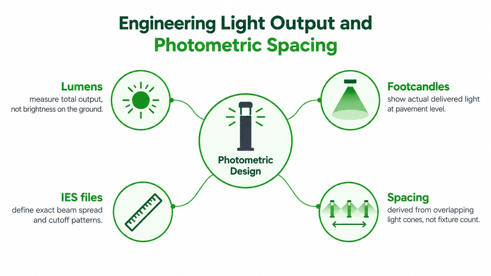 An infographic titled Engineering Light Output and Photometric Spacing illustrating concepts of commercial lighting bollard design.