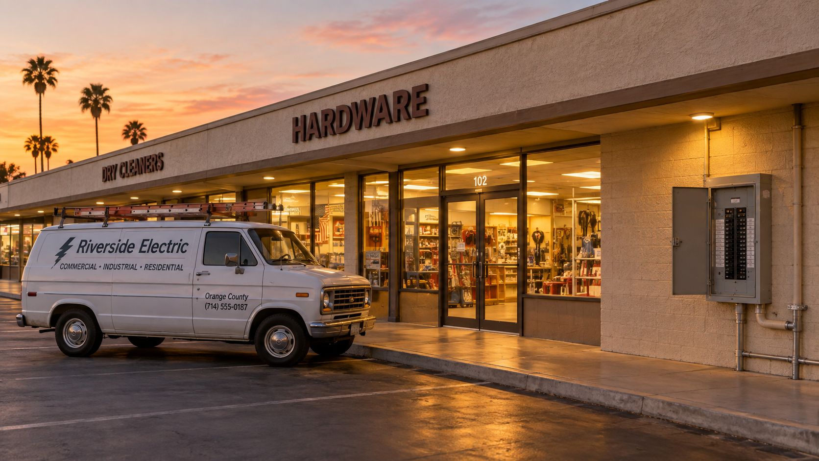 A Riverside Electric service van parked in front of a hardware store with an exterior electrical panel.