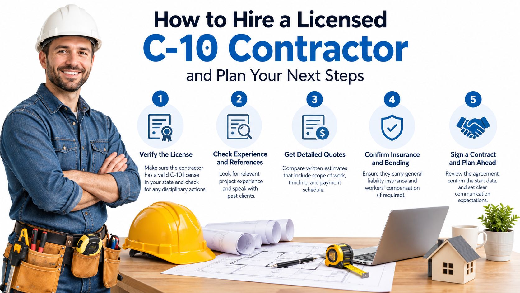 A construction worker standing next to an infographic with five steps to hire a licensed electrical contractor.