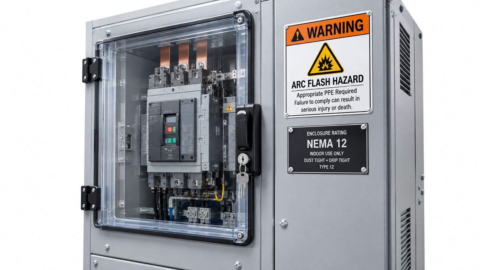 A NEMA 12 rated electrical enclosure cabinet featuring an arc flash hazard warning label and circuit breaker.