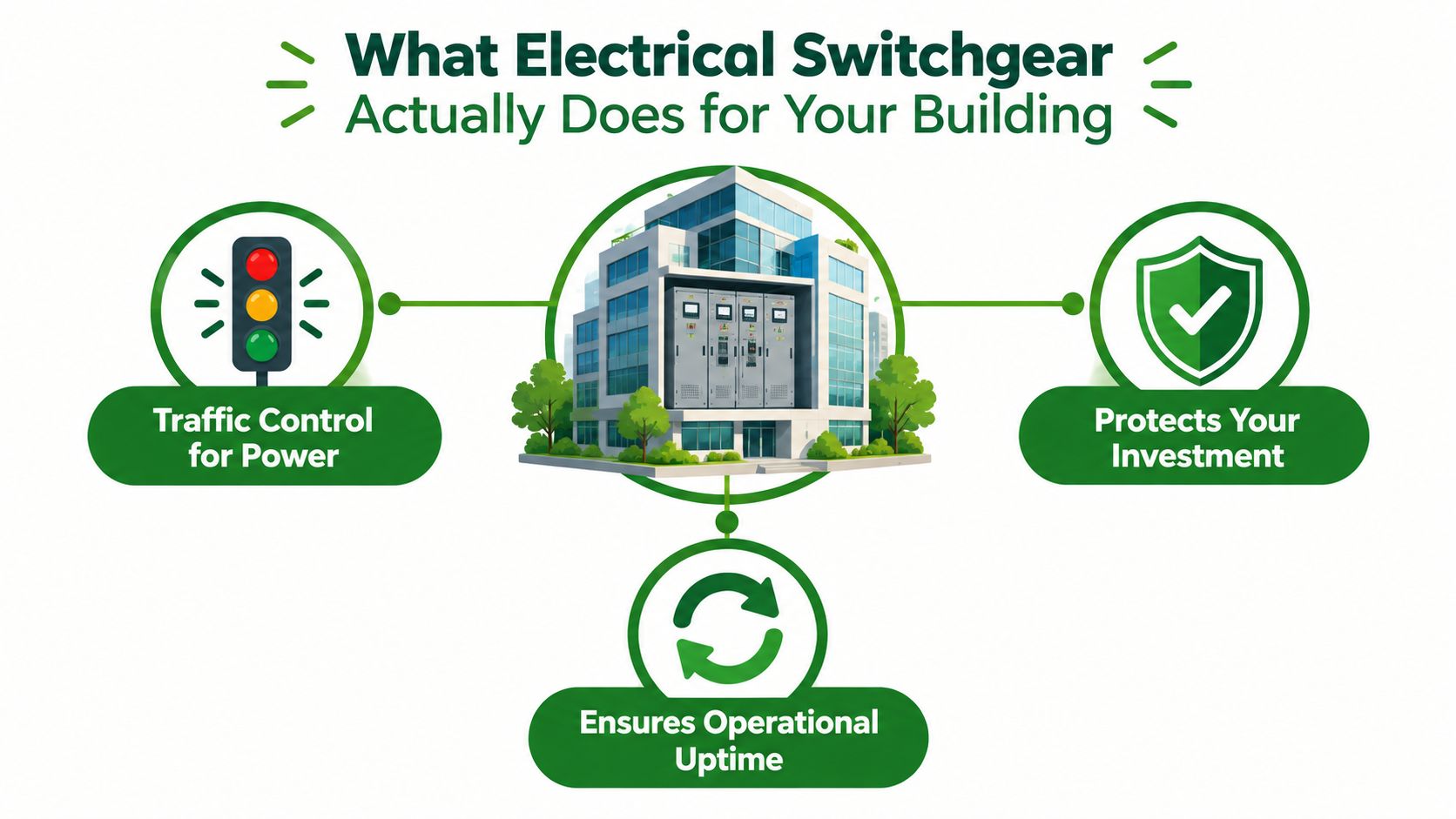 An infographic titled What Electrical Switchgear Actually Does for Your Building showing its core benefits for facilities.