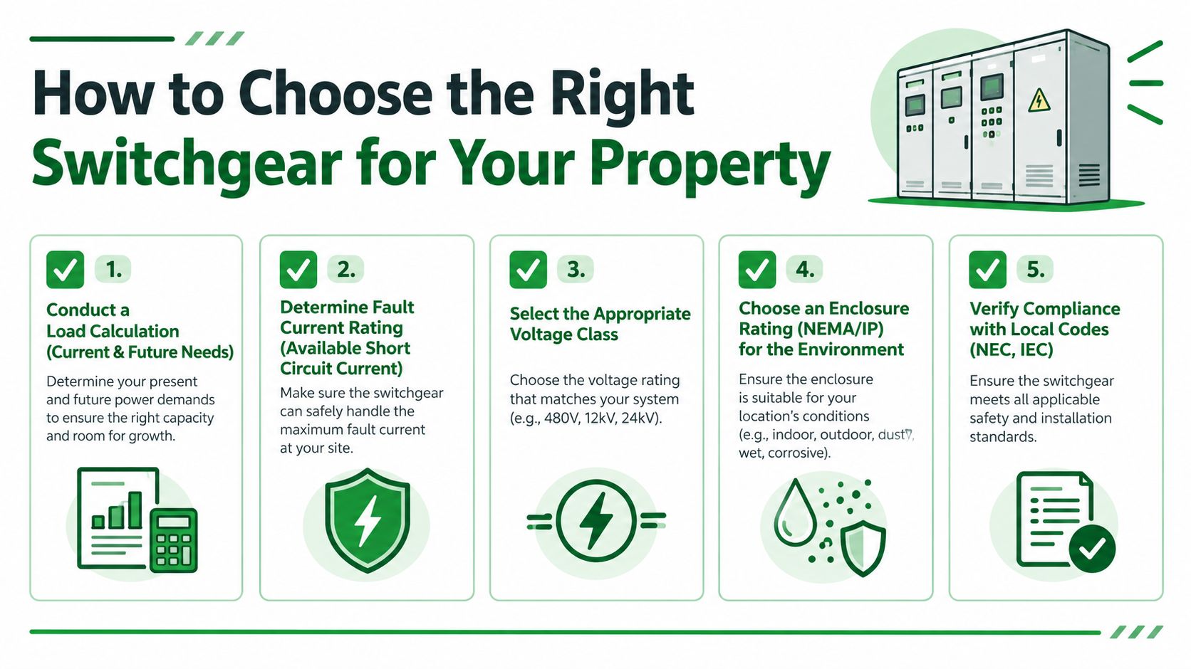 An infographic detailing five key steps for choosing the right electrical switchgear for a property installation.